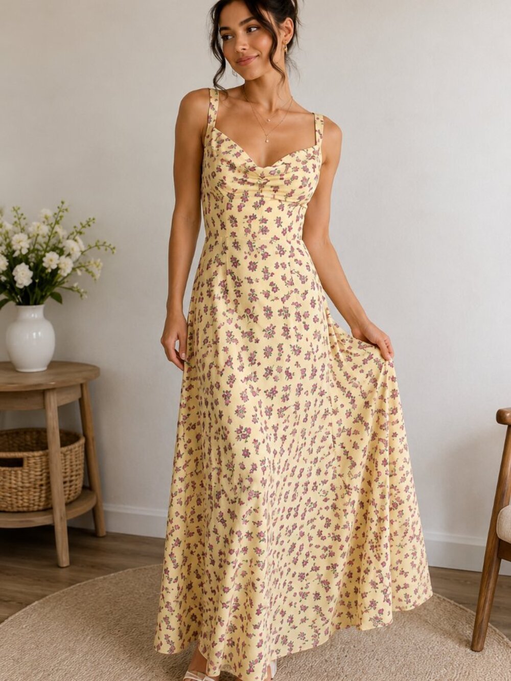 Huyoin Yellow Floral Maxi Dress Women’s Large Cottagecore Open Back Summer Dress